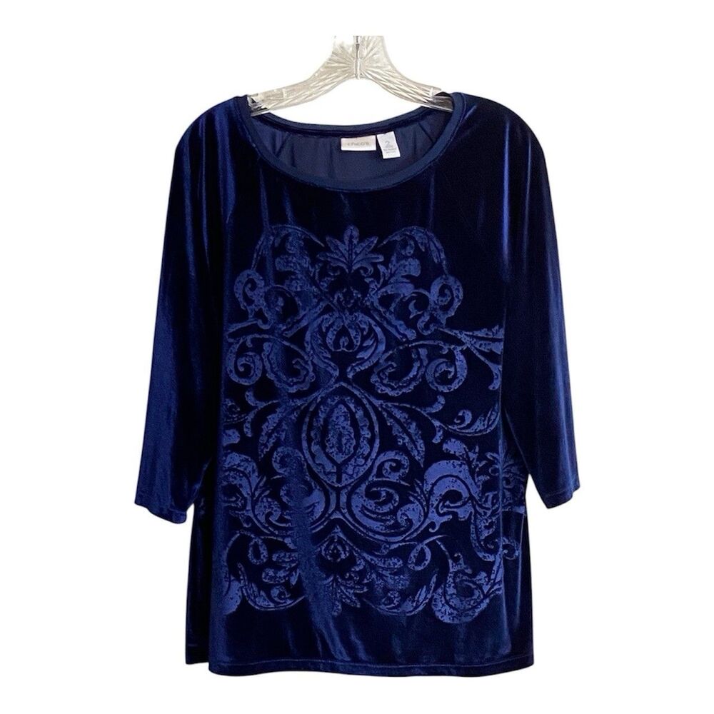 Chico’s Velvet Burnout Pullover Top Size 2 Navy Blue Regency Whimsigoth Glam